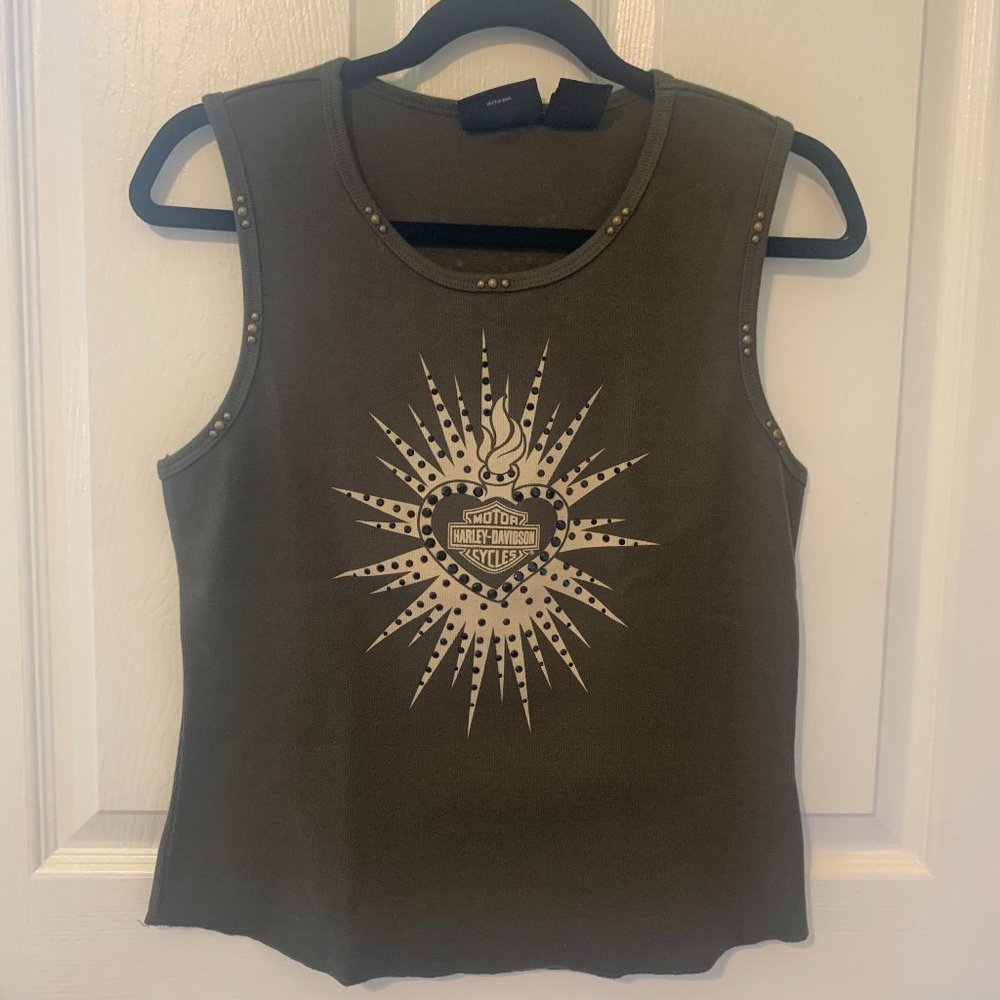 Harley Davidson Women's Olive Studded Tank Top, Size XL, EUC